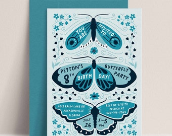 May include: A blue and white butterfly-themed birthday party invitation for an 8th birthday. The invitation features a butterfly with the text "Peyton's 8th Birthday" and "Butterfly Party". The invitation also includes the date, time, and location of the party.