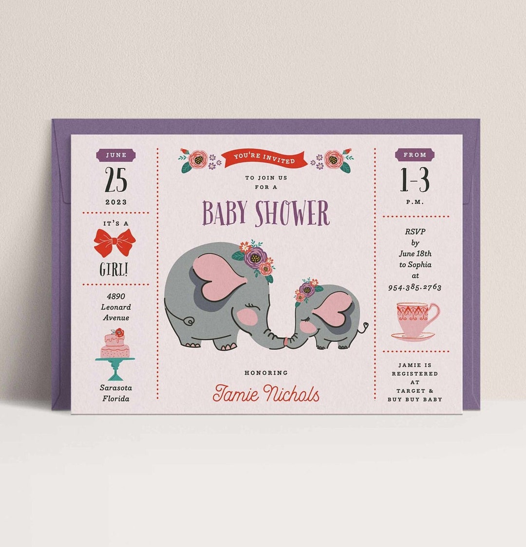 Editable Pink Elephant Mama Baby Shower Invitation Template Printable ...