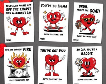 Retro Heart Slang Valentine's Day Cards for Kids, Printable Classroom Valentines, Boys Valentines, School Valentine, Gen Alpha, Tweens Teens