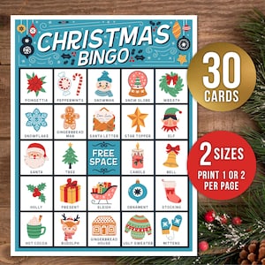 Ensemble de bingo de Noël, 30 cartes de bingo de Noël, jeu de fête des fêtes enfants adultes, activité de Noël à imprimer en classe, jeu de fête amusant pour la classe