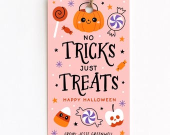 Halloween-cadeaulabel afdrukbaar, Trick Or Treat-snoeplabel, bewerkbare Halloween-tag, geen trucs, alleen traktaties, label voor Halloween-feestje, digitaal