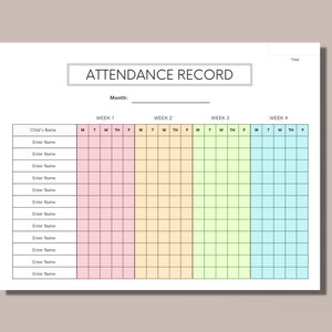 編集可能なマルチカラーの生徒出席トラッカー（4週間）、デイケア、ホームスクール、幼稚園、保育前後のケアプログラム、印刷可能なフォーム