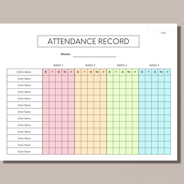 Editable Multicolor Student Attendance Trackers (4 Weeks), Daycares, Homeschools, Preschools, Before and Aftercare Programs, Printable Form