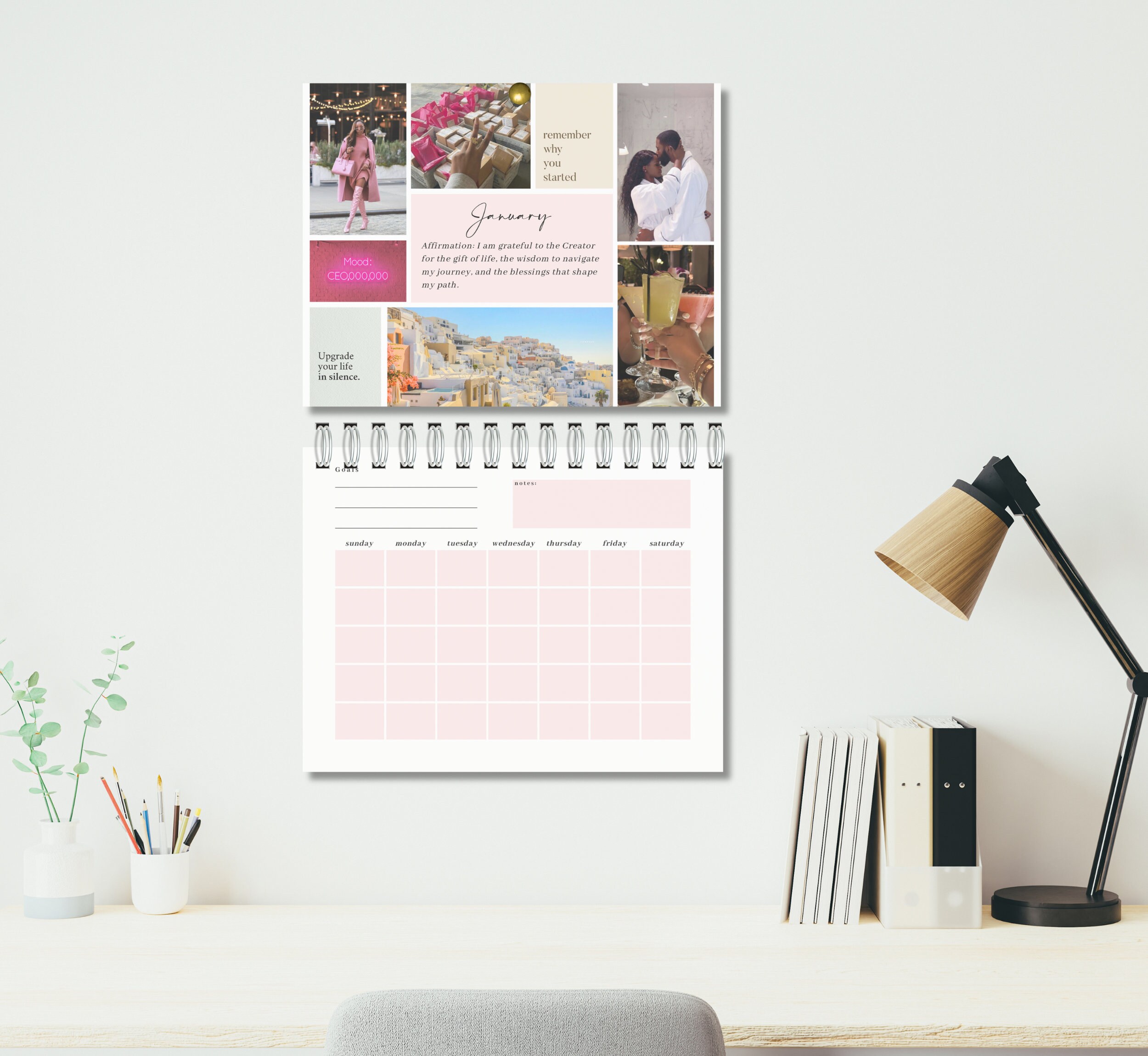 Printable Calendar, Digital Vision Board Calendar, Editable Affirmation