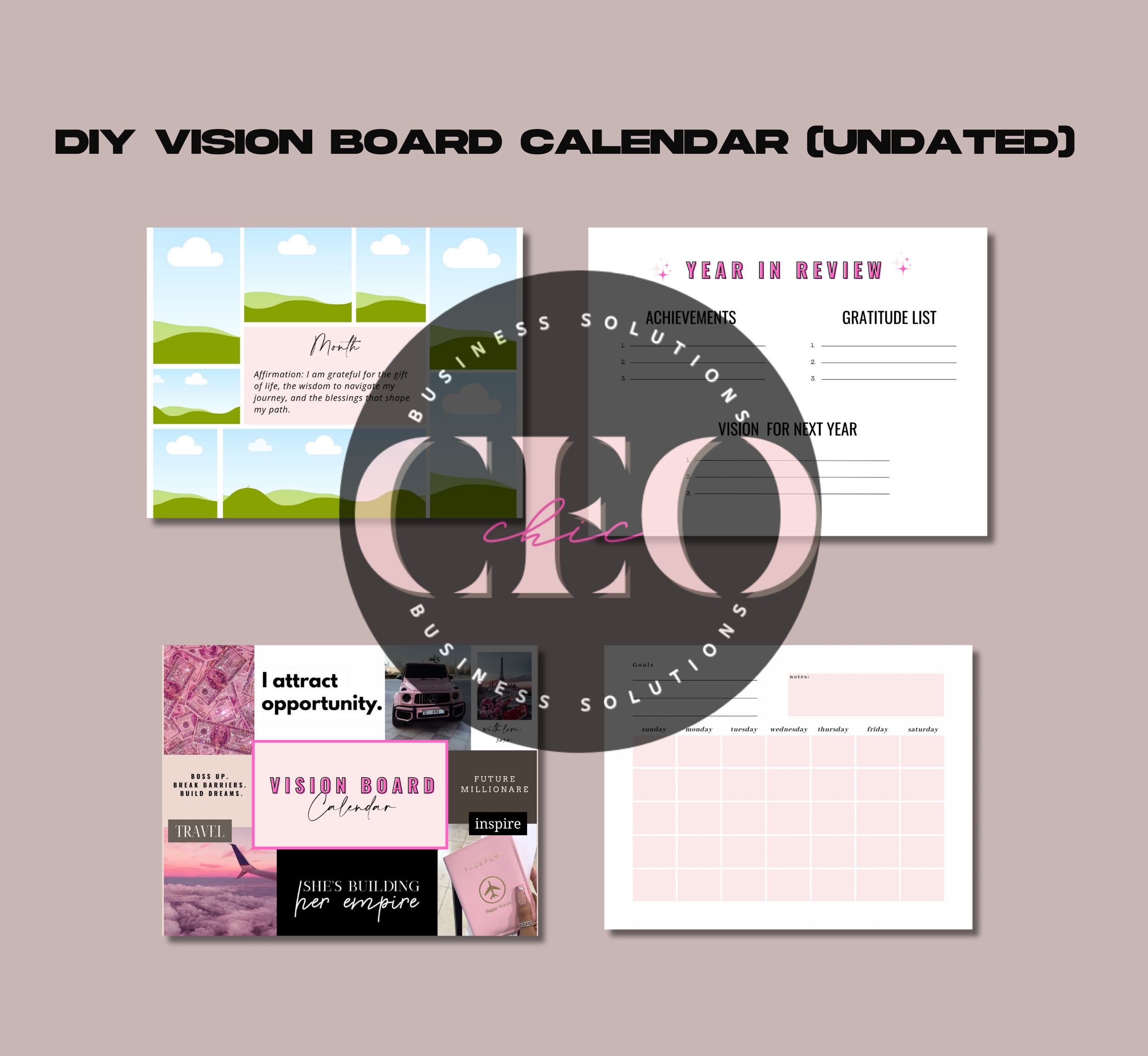 Printable Calendar, Digital Vision Board Calendar, Editable Affirmation