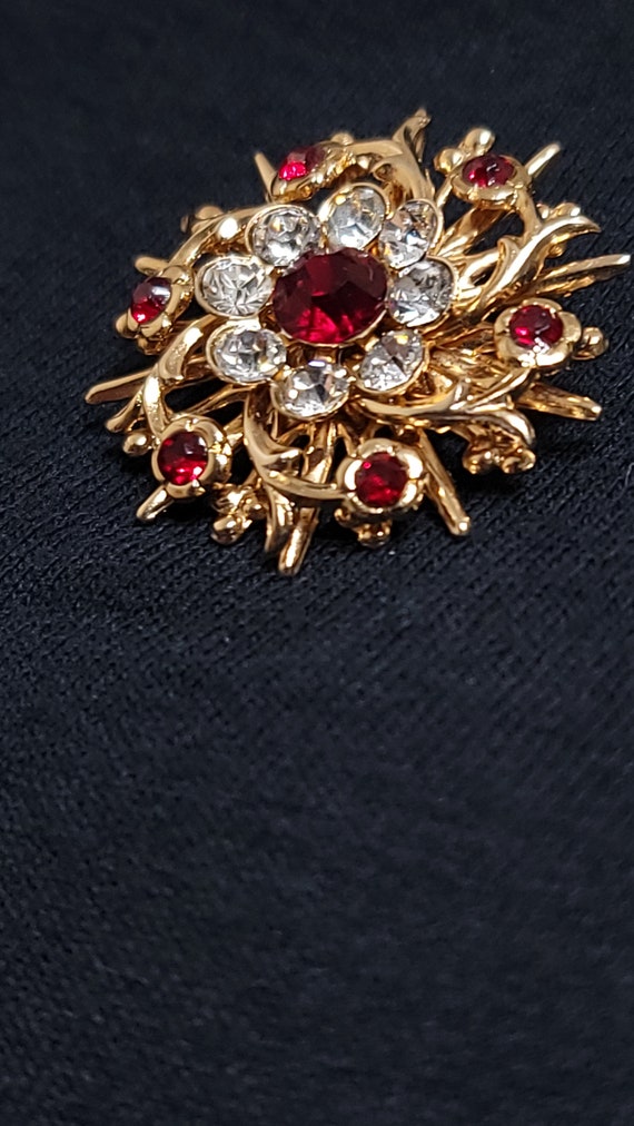 Gold Tone Brooch Red & Clear Stones - image 2