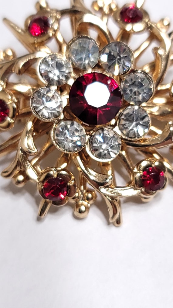 Gold Tone Brooch Red & Clear Stones - image 6
