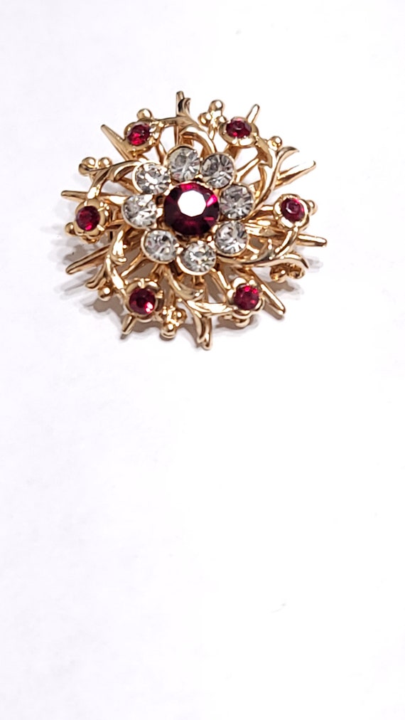 Gold Tone Brooch Red & Clear Stones - image 3
