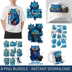 Puede incluir: Un conjunto de arte digital con un gato de dibujos animados azul con la boca abierta y dientes afilados. El arte se muestra en una camiseta blanca, una gorra de béisbol, una taza y como archivos PNG individuales. También está presente el texto "K-POP DEMON HUNTERS".