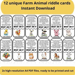 Puede incluir: Un conjunto de 12 tarjetas de adivinanzas únicas de animales de granja con ilustraciones de pato, gallo, burro, vaca, cerdo, oveja, pavo, ganso, gato, pollo, caballo y cabra. Las tarjetas están listas para imprimir y cortar, con el texto "¿Qué soy?" en cada una.