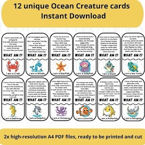Puede incluir: Juego de 12 tarjetas únicas de criaturas marinas con ilustraciones de un cangrejo, ballena, estrella de mar, medusa, tiburón, tortuga marina, caballito de mar, delfín, pulpo, pez payaso, pez globo y raya. Incluye el texto "¿Qué soy?" y una descripción de cada criatura.