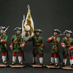 Tin toy soldier 54 mm Model Set of 5 soldiers Army of Peter I 18th century.