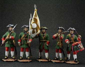 Tin toy soldier 54 mm Model Set of 5 soldiers Army of Peter I 18th century.
