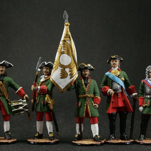 Tin toy soldier 54 mm Model Set of 5 soldiers Army of Peter I 18th century.