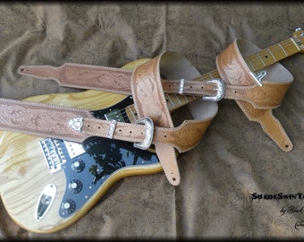 Custom Tooled Leather Sheridan Style Floral Guitar Strap w/ Decorative Buckle