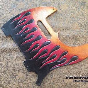 Custom Tooled Leather &quot;Classic Hot Rod Flames&quot; Pickguard fits Fender Telecaster Tele Esquire Nashville