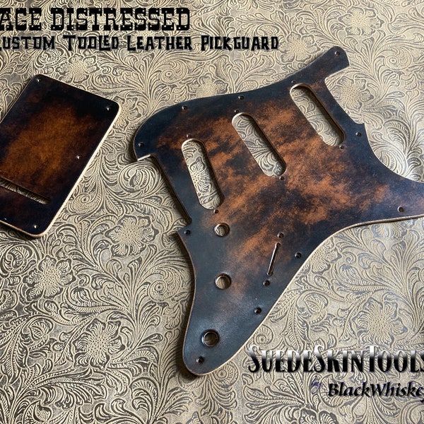 Custom Tooled Leather Distressed Brown Pickguard Backplate Combo fits Fender Stratocaster Strat SSS HH HSS or HsH