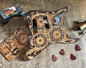 Custom Punzierte Leder Sheridan Style Floral Pickguard Backplate Combo passend für Fender Stratocaster Synthesizer SSS