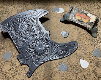Custom Tooled Leather Pickguard fits Fender Telecaster Tele Esquire Nashville "Black Chrome/Gunmetal"