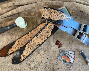 Benutzerdefinierte punzierte Leder Western Floral Style Gitarrengurt