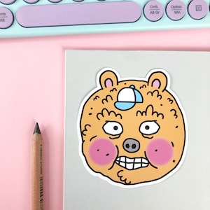 Bear Sticker, Cartoon Bear Illustration, Glossy Vinyl, whimsical Bear, Laptop stickers, Teddy Bear Gift, Waterproof, Skateboard Decal, Toon