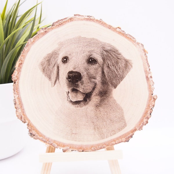 Personalised Pet Photo Portrait Engraved Log Slice, Pet Owner Gift, Engraved Dog Photo, Cat Portrait Any Animal, Rustic Natural Wood Display
