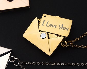 Secret Message Mail Envelope Necklace, Custom Engraved Name Letter Pendant Jewelry For Best Friend, Silver, Gold and Rose Gold, Gift For Her