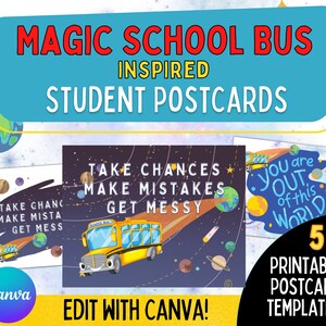 Cartão postal do professor para estudantes | boa vinda de volta à escola cartão postal | Nota do professor para impressão | Tema de ônibus escolar mágico | Modelo Editável do Canva