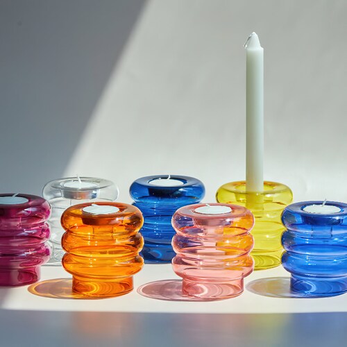 Wiggly Colorful Glass Candlestick Candle Holder Set / Etsy