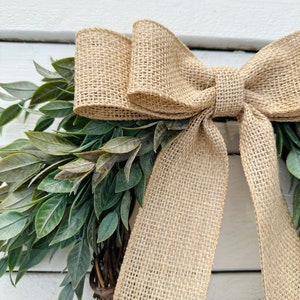 Mini Year Round Greenery Wreath with Burlap Bow, Kitchen Cabinets and Window Decor, Small Door Wreath, Pantry and Bedroom Doors Decor image 4