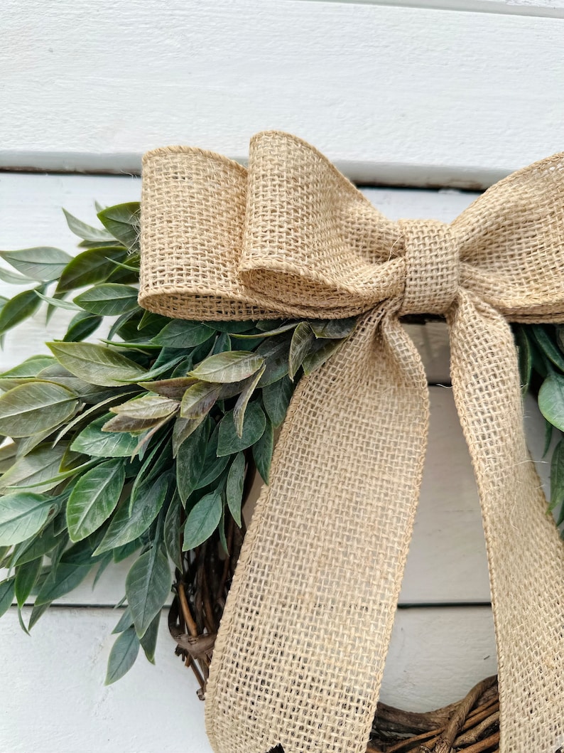 Mini Year Round Greenery Wreath with Burlap Bow, Kitchen Cabinets and Window Decor, Small Door Wreath, Pantry and Bedroom Doors Decor image 4