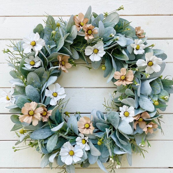 Lamb's Ear Wreath With Beige and White Wildflowers For Front Door, Year Round Floral Door Decor, Neutral Farmhouse Wreath, Cosmos Flowers
