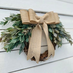 Mini Year Round Greenery Wreath with Burlap Bow, Kitchen Cabinets and Window Decor, Small Door Wreath, Pantry and Bedroom Doors Decor image 8