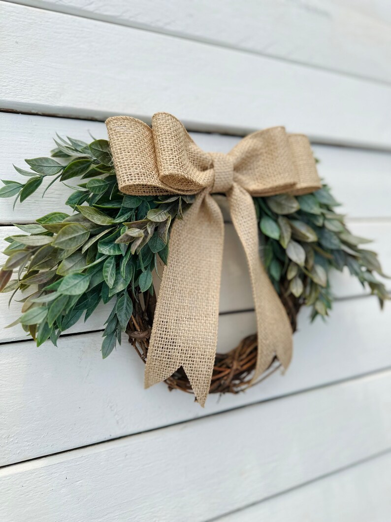 Mini Year Round Greenery Wreath with Burlap Bow, Kitchen Cabinets and Window Decor, Small Door Wreath, Pantry and Bedroom Doors Decor image 8