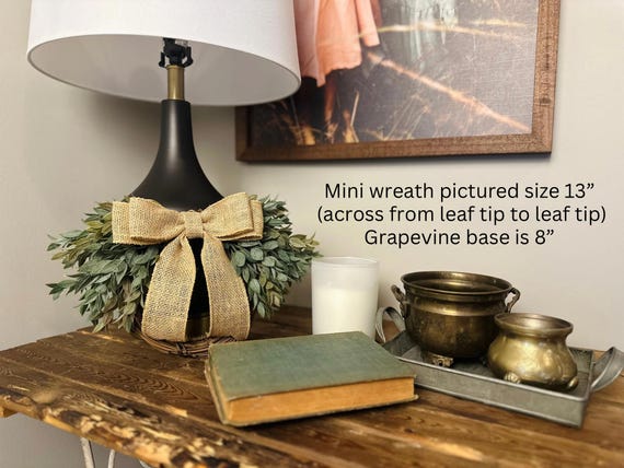 Mini Year Round Greenery Wreath with Burlap Bow, Kitchen Cabinets and Window Decor, Small Door Wreath, Pantry and Bedroom Doors Decor