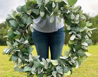 Extra Large Year Round Greenery Wreath, Wedding Wreath Decor, Silver Dollar and Seeded Eucalyptus, Lamb’s Ear, XL Home Decor, Farmhouse