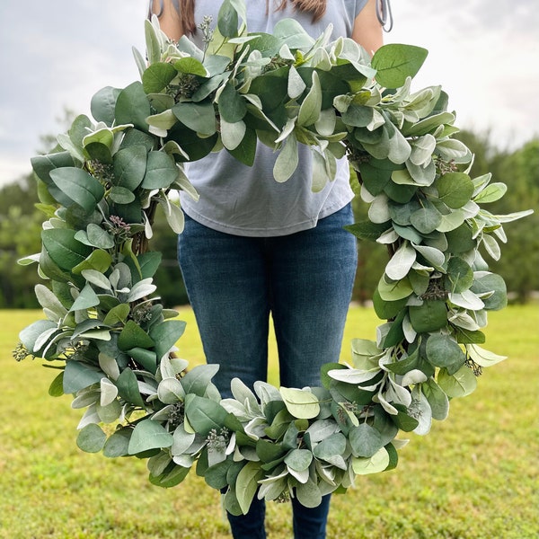 Extra Large Year Round Greenery Wreath, Wedding Wreath Decor, Silver Dollar and Seeded Eucalyptus, Lamb’s Ear, XL Home Decor, Farmhouse