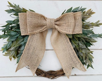 MINI Year Round Greenery Wreath with Burlap Bow, Kitchen Cabinets and Window Decor, Front Door Wreath, Pantry and Bedroom Doors Decor