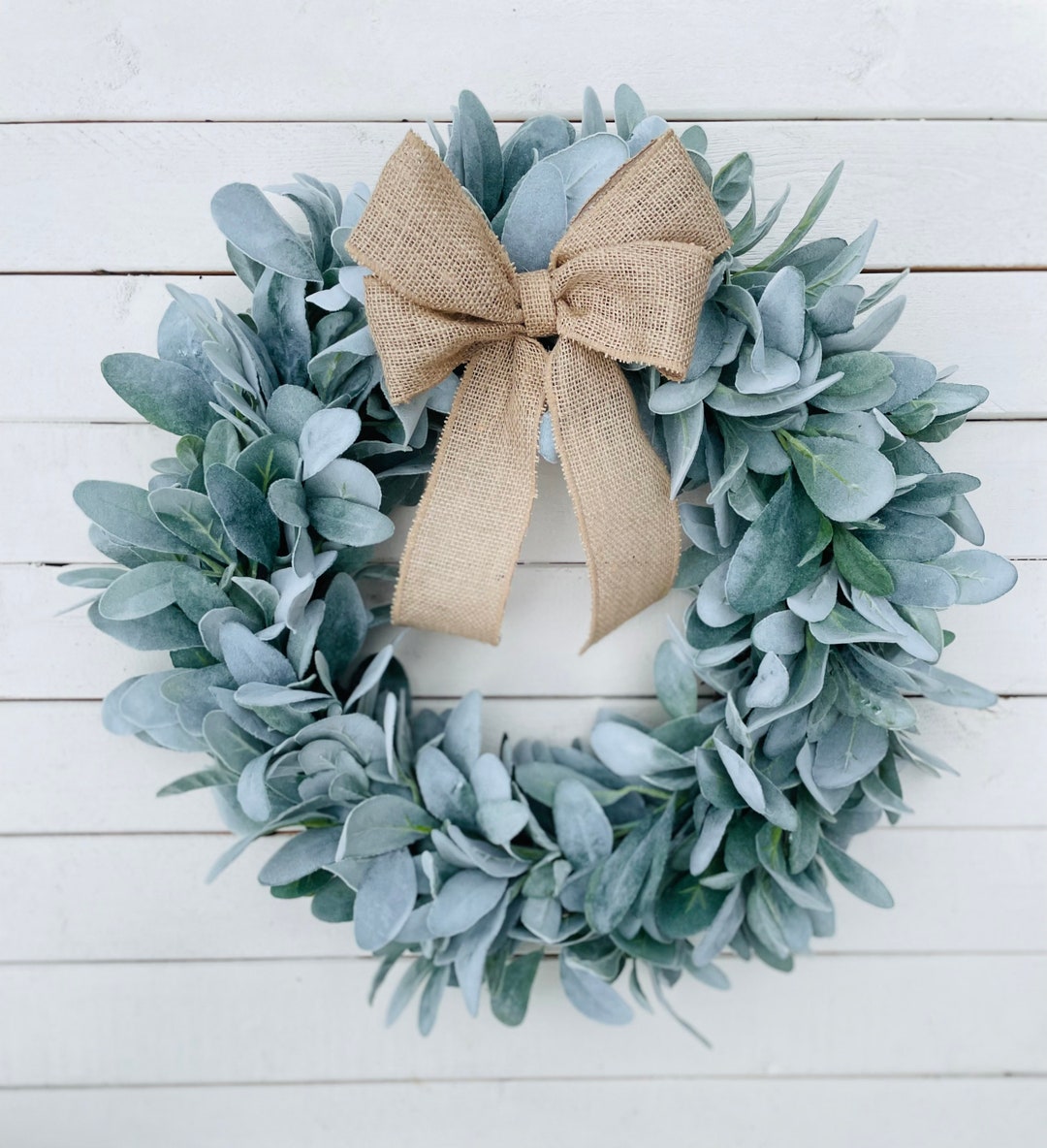 Year Round Lambs Ear Wreath for Front Door, Burlap Bow, Farmhouse ...