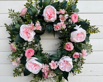 Elegant Pink Spring Wreath With Greenery For Front Door, Cabbage Roses, Ranunculus Flowers, Camilia, Easter Wreat, Gift For Mom, Entryway