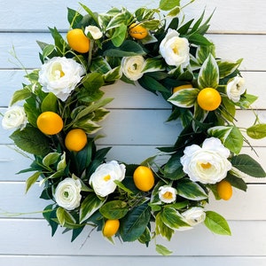 Lemon Summer Floral Wreath For Front Door, Modern Farmhouse Door Decor, Cottage Style Wreath, White Ranunculus, Variegated Greenery,