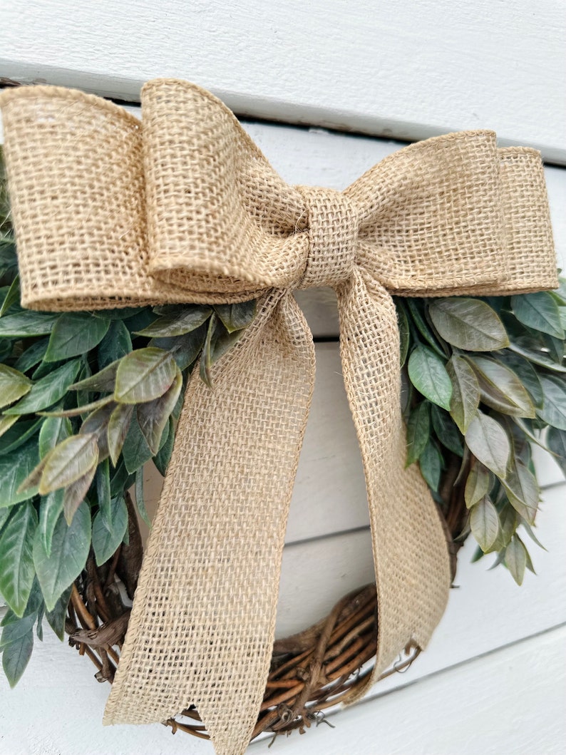 Mini Year Round Greenery Wreath with Burlap Bow, Kitchen Cabinets and Window Decor, Small Door Wreath, Pantry and Bedroom Doors Decor image 7