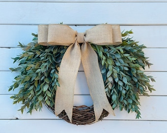 Year Round Greenery Wreath For Front Door, Modern Farmhouse Rustic Door Decor, Ruscus, Burlap Bow, Traditional Home Decor