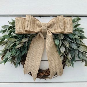 Mini Year Round Greenery Wreath with Burlap Bow, Kitchen Cabinets and Window Decor, Small Door Wreath, Pantry and Bedroom Doors Decor image 2