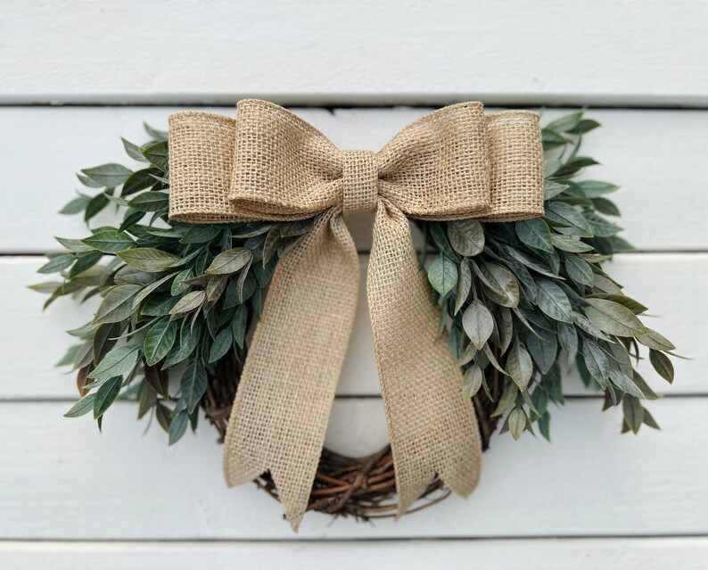 Mini Year Round Greenery Wreath with Burlap Bow, Kitchen Cabinets and Window Decor, Small Door Wreath, Pantry and Bedroom Doors Decor image 2
