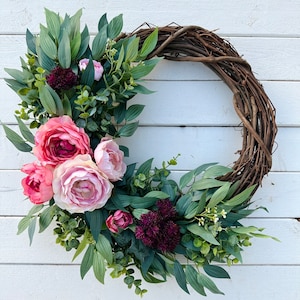 Spring Wreath For Front Door, Pink Ranunculus Flowers, Easter Wreath, Eucalyptus, Summer Wreath, Gift For Mom, Rose and Blush, Door Decor