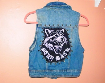 Raccoon “Stay Back” Custom Punk Denim Patched Studded Vest Sz S