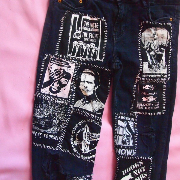 Custom Punk Patched Jeans Sz 28 Crust Pants Handmade Distressed Vintage Unisex Crust Hand Stitched