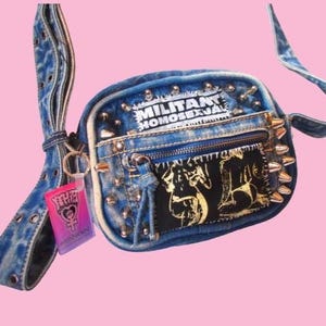 Militant Homosexual Studded & Patched Denim Crossbody Purse Bag - Queer Punk Art Original Handmade Illustration LGBT