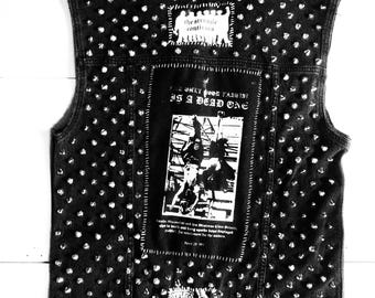 Black Studded Anti Fascist Denim Vest Sz XL Gold Studs Anarcho Punk